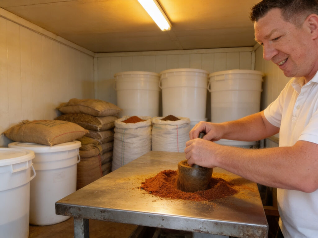 Keith blending small-batch seasoning blends by hand